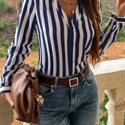 Striped Print Button Front Blouse