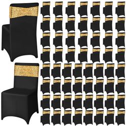 Chumia 120 Pcs Chair Covers And Sashes, Stretch Spandex Chair Covers With Shiny Sashes For Wedding Party Banquet Dining Decor(Black, Gold)