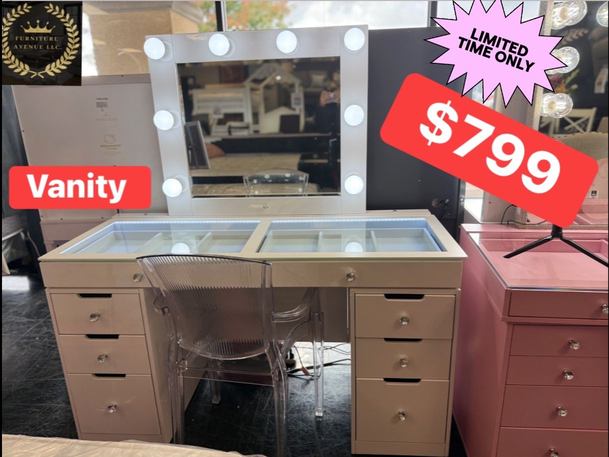 Vanity With Interior Lights, Outlet & A Hidden Drawer