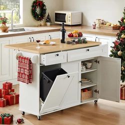 60" Kitchen Island with Power Outlet & Drop Leaf, Kitchen Rolling Island with Spice Rack & Towel Rack, Knife Holder, Kitchen Island Cart with Trash St
