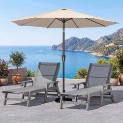 SERWALL Textilene Patio Chaise Lounge Chair Set of 2 with 9FT Patio Umbrella, Grey  (Umbreall Base Included) brand new in box $270 C106（2）