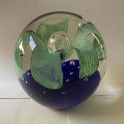 Vintage Art Glass Paperweight – Cobalt Blue & Green Flower with Controlled Bubbles