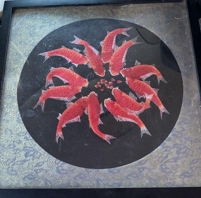 Vintage Japanese Koi Fish Silk Embroidery Tapestry