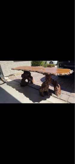 Live Edge Wood Slab Table with Burl Root Base