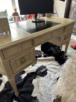 Antique Solid Wood Desk W Leather Top Mid Century
