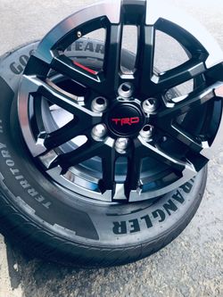 New TRD Tacoma Sport 18” alloys. Selling singles. $125 ea. new set of 265 65 R 18”Goodyear Wrangler All season HT full set $400 firm.