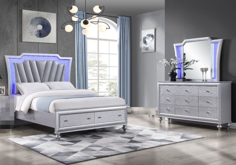 Victoria Silver Collection Queen Upholstered Bedroom Set with Mattress headboard LED Lights dreeser mirror headboard Mattress