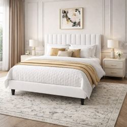 Full Bed ed Frame,Headboard Upholstered Platform BedFrame with Wingback, Elegant Simplicity, No Box Spring Needed, Solid Oak Wood Feet, Cr1