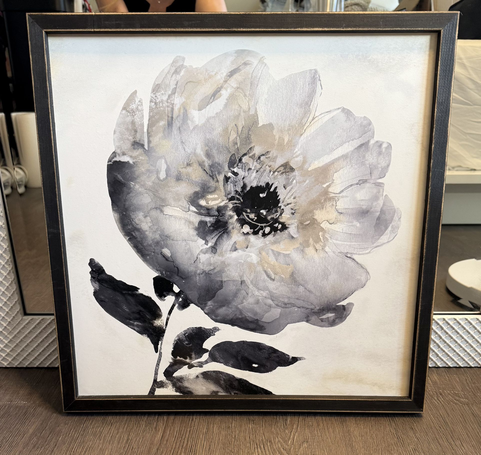 Framed Watercolor Floral Art Print – Neutral Gray & Beige Tones