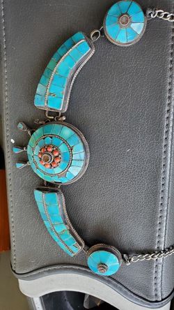 Antique navaho sterling & turquoise heavy necklace over 140 gr