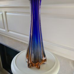 Vintage MCM Early Murano Vase Blue To Amber Swag Arte Murano Art Glass 