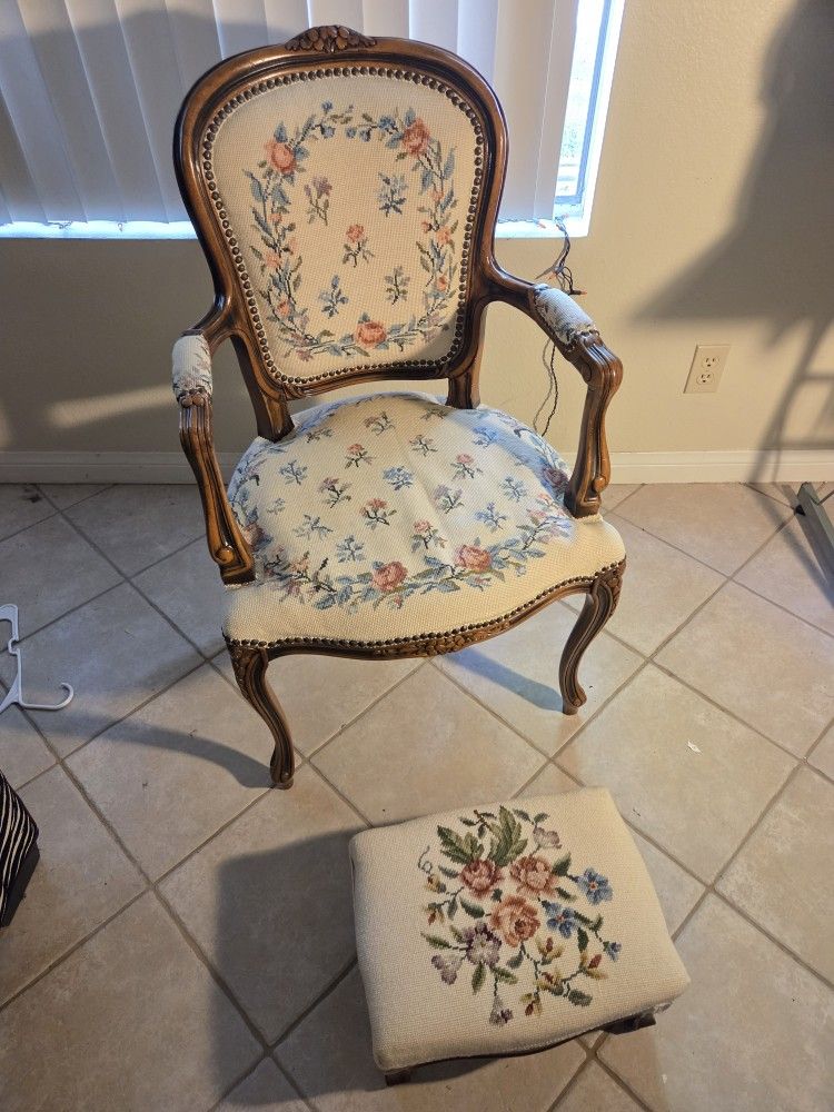 Vintage Needlepoint Chair w/ Footstool