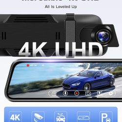 4K Mirror Dash Cam Front and Rear View Mirror Camera Dashcam 10'' Dash Cam Mirror with 64G GPS Adjustable Guide Line IP69 Waterproof Rear Reversing Ca