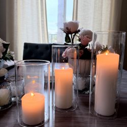 12 Centerpieces: Set Of 3 Cylinder Vases With Pillar Candle