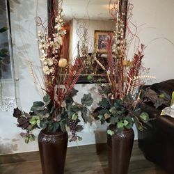 2 Beautiful Tall Metal Vases With Silk Flowers 35 Each