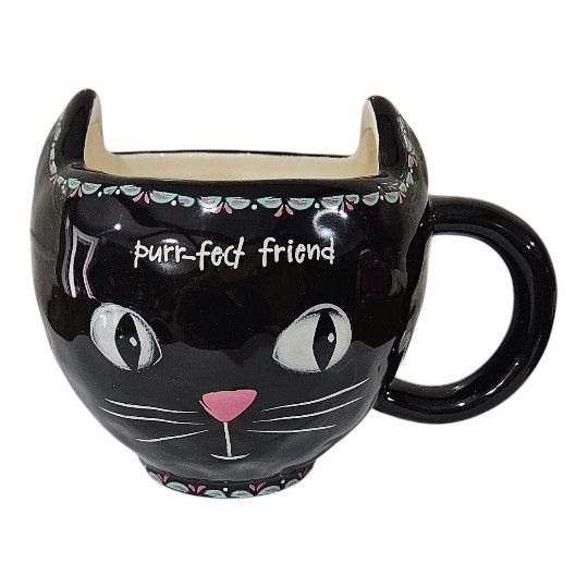 Folk Art Kitty Cat Coffee Mug in Black Ceramic Glass PURR-FECT FRIEND Gift by Natural Life