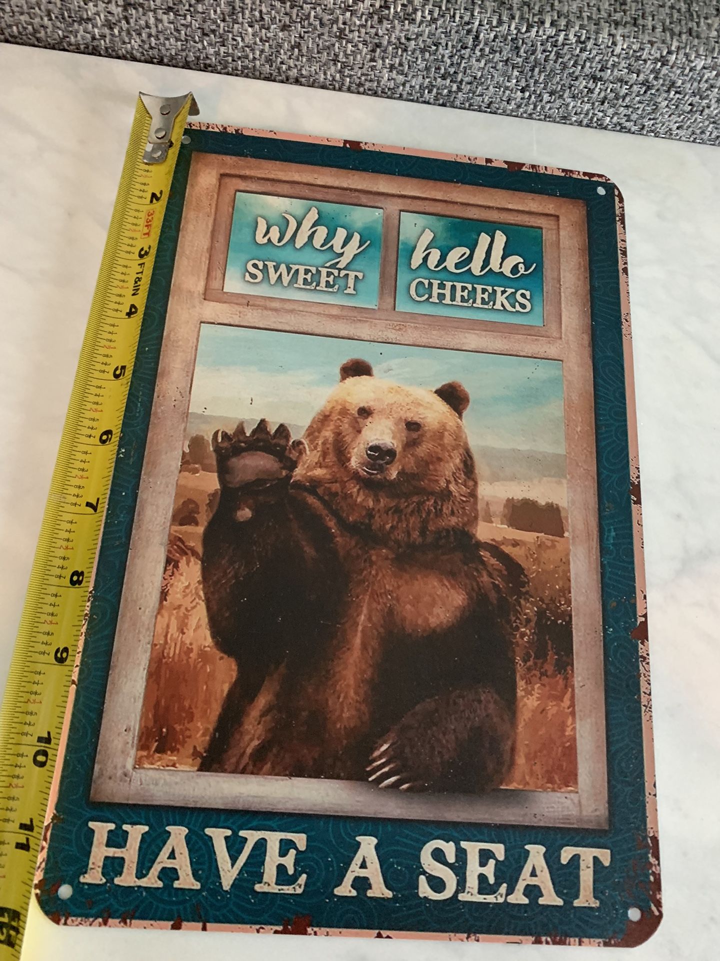 12 Inches By 8 Inches Metal Bear Welcome Sign Saying Hello Sweet Cheeks Have A Seat