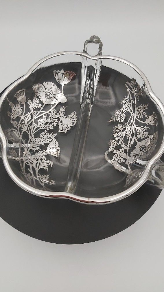 Beautiful Vintage Silver City Flanders Relish Dish With Sterling Poppy Floral Overlay