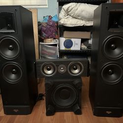 KLIPSCH KSF 10.5 SPEAKERS DUAL 8” WOOFER, KLIPSCH KSW10 POWERED SUBWOOFER AND POLKAUDIO CS10 CENTER SPEAKER 