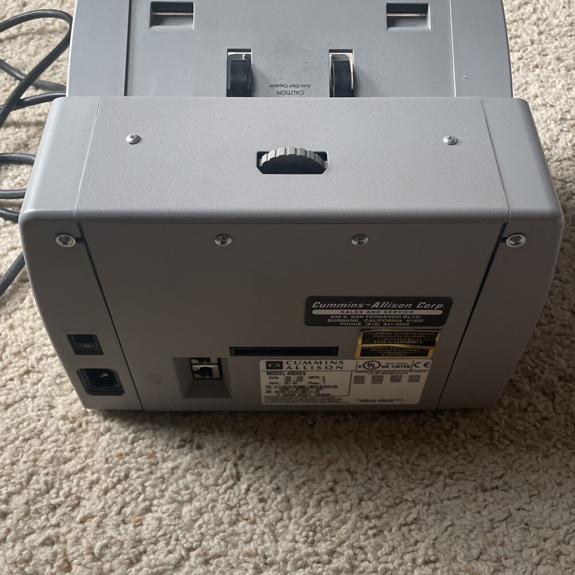 Cummins JetScan 4065ES Currency Counter (contact info removed)-00 w/ Power Cable & Feed Tray