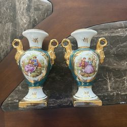 Vintage Limoges France Porcelain Vase Pair – Teal & Gold (Set of 2)