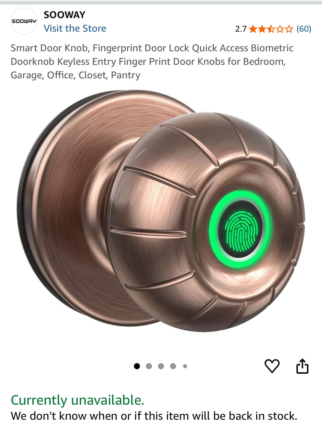 SOOWAY Smart Door Knob, Fingerprint Door Lock Quick Access Biometric Doorknob Keyless Entry Finger Print Door Knobs for Bedroom, Garage, Office, Close