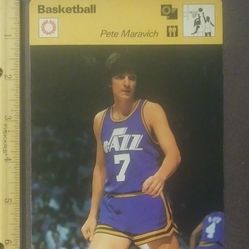 1977 Sportscaster Pete Maravich High Powered Pistol Pete In Pensive Mood New Orleans Jazz Basketball Photo Large Over-sized Card Collectible Vintage