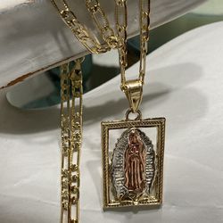 14k Gold Plated Tricolor Virgin Mary Pendant With Chain Necklace 24” 4mm