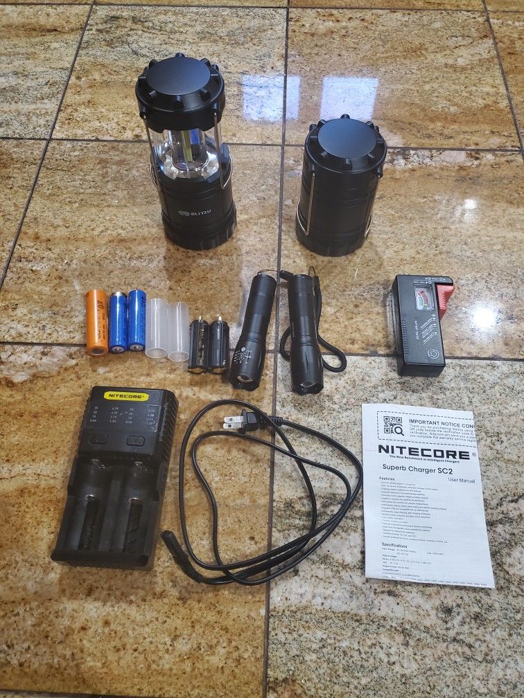 Lot Of Camping Lanterns(2×lamp,2×flashlight,3×batteries ,muti Charger, Battery Tester)