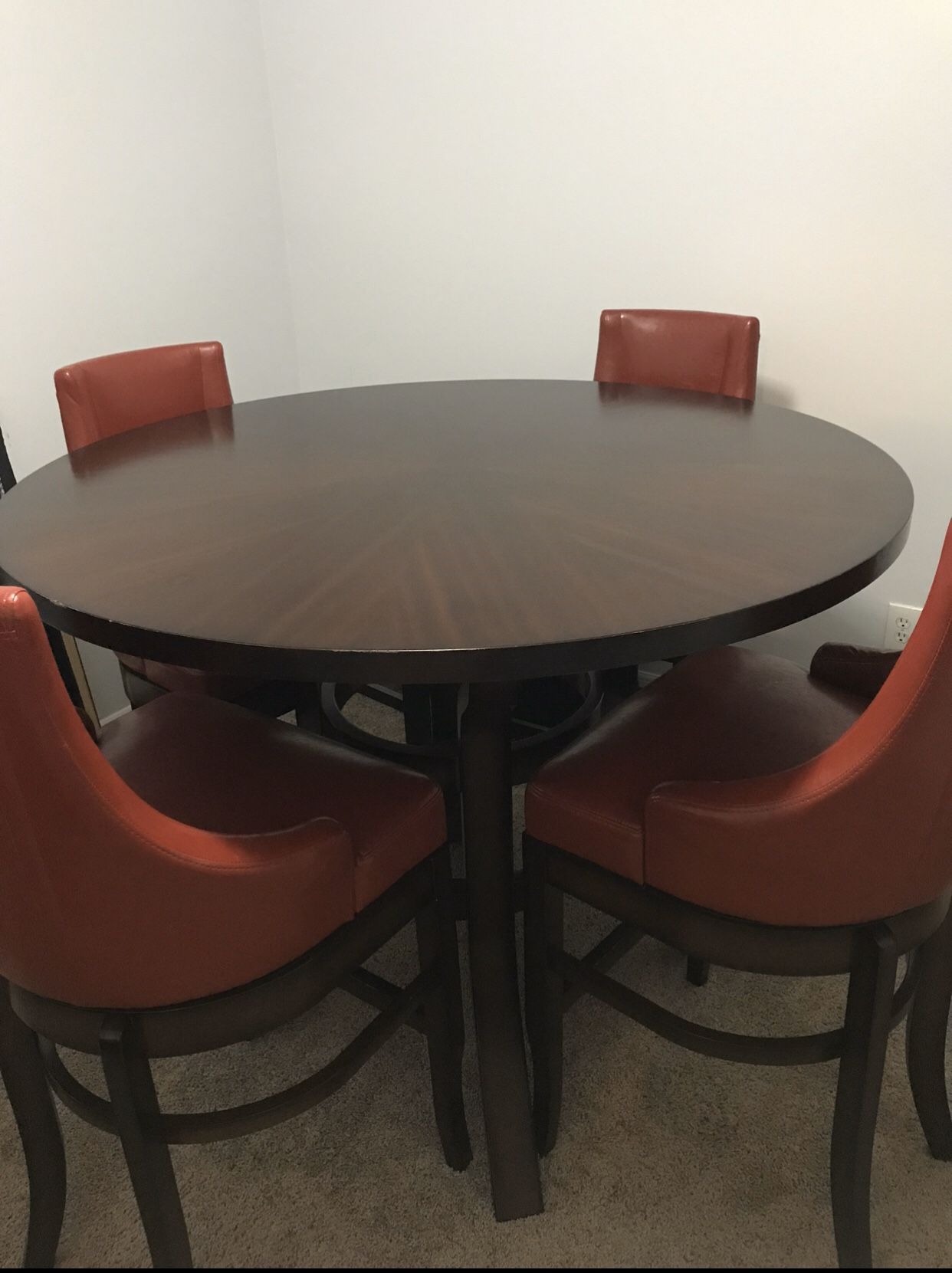 Round Pub High Top Table with Red Leather Bar Stools