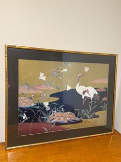 Large Framed Japanese Crane Bird Art – Asian Style Wall Decor – 39” x 30”