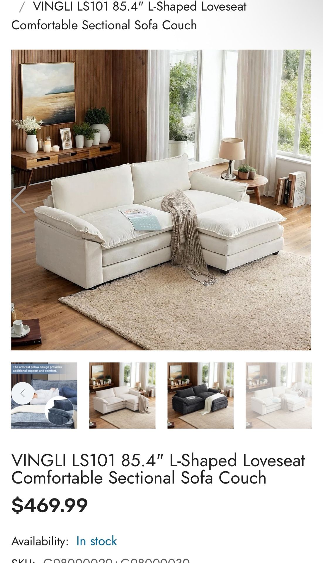 VINGLI 87" Convertible Sectional Sofa,L-Shaped Deep Seat Sofa Couch For Living Room,Modern 2-Seat Loveseat Sofa With Ottoman For Small Space(White,Fau