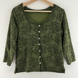 Vintage Y2K Moss Green Floral Lace Dainty Button Up Garden Cottagecore Blouse