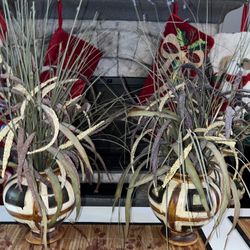 Pair Of Faux Grass Arrangements In Decorative Vases