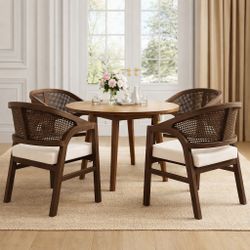 Set Of 4  Walnut Color Solid Wood Frame Fabric Padded Dining Chairs with Rattan Back  [NEW] **Assembly Req**