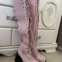 Pink Platform Knee High Boots