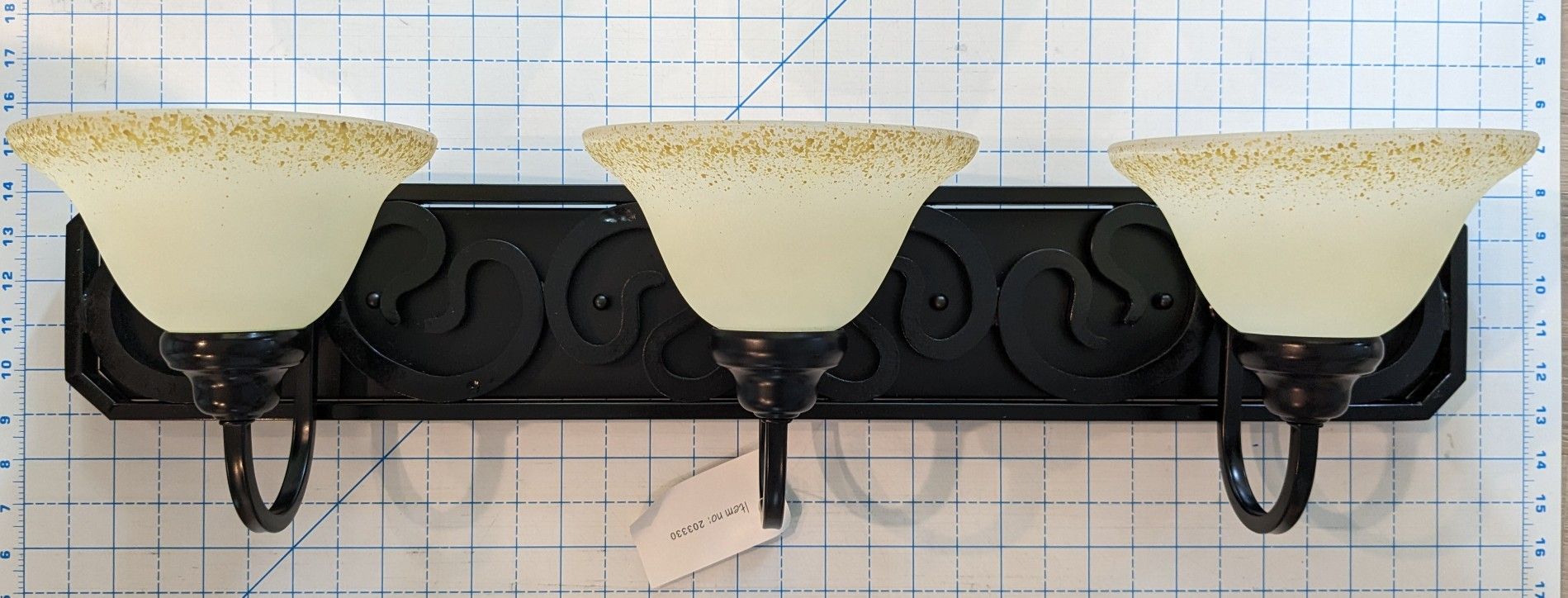 3 Light Fixture w Black Metal w Frosted White Glass Globes w Gold Splash Around Top Edge. NEW