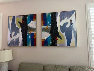 Set of 2 Large Framed Abstract Wall Art Pieces