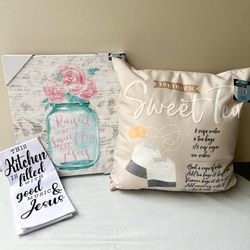 Home Decor Gift Set  “Sweet Tea” Bundle - Wall Art, Pillow, & Tea Towel