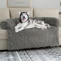 NEW Shaggy Plush Dog Couch Bed, Fluffy Waterproof Lining and Nonskid Bottom, with Washable Cover(50"x39"x8", Light Grey)