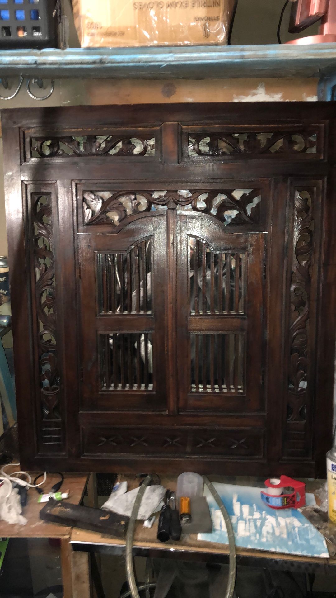 Vintage Asian Balinese Carved Teak Wood Morror