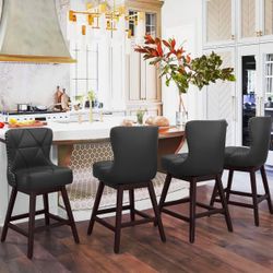 26" H Black Swivel Bar Stool with Back, Faux Leather Counter Stool