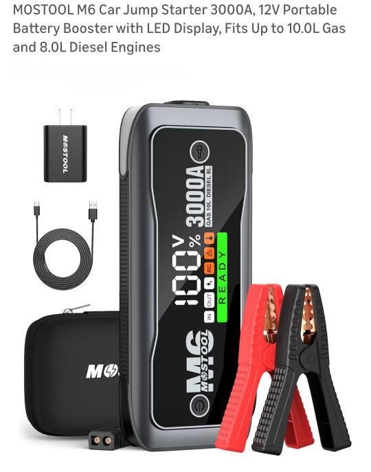 MOSTOOL M6 Car Jump Starter 3000A, 12V Portable Battery Booster with LED Display, Fits Up to 10.0L Gas and 8.0L Diesel Engines