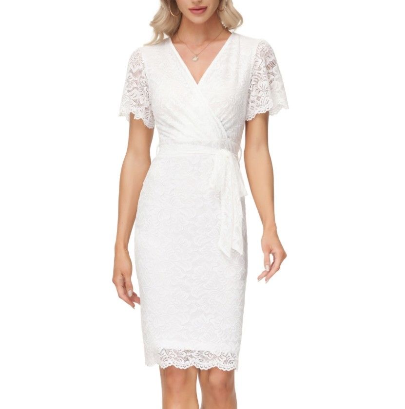 NWT Grace Karin White Lace Cocktail Bridal Dress with Sleeves S