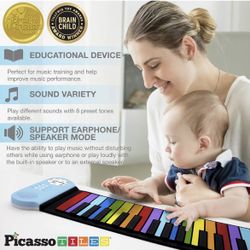 New PicassoTiles® PT49 Kid's 49-Key Flexible Roll-Up Educational Electronic Digital Music Piano Keyboard w/Recording Feature, 8 Different Tones, 6 Edu