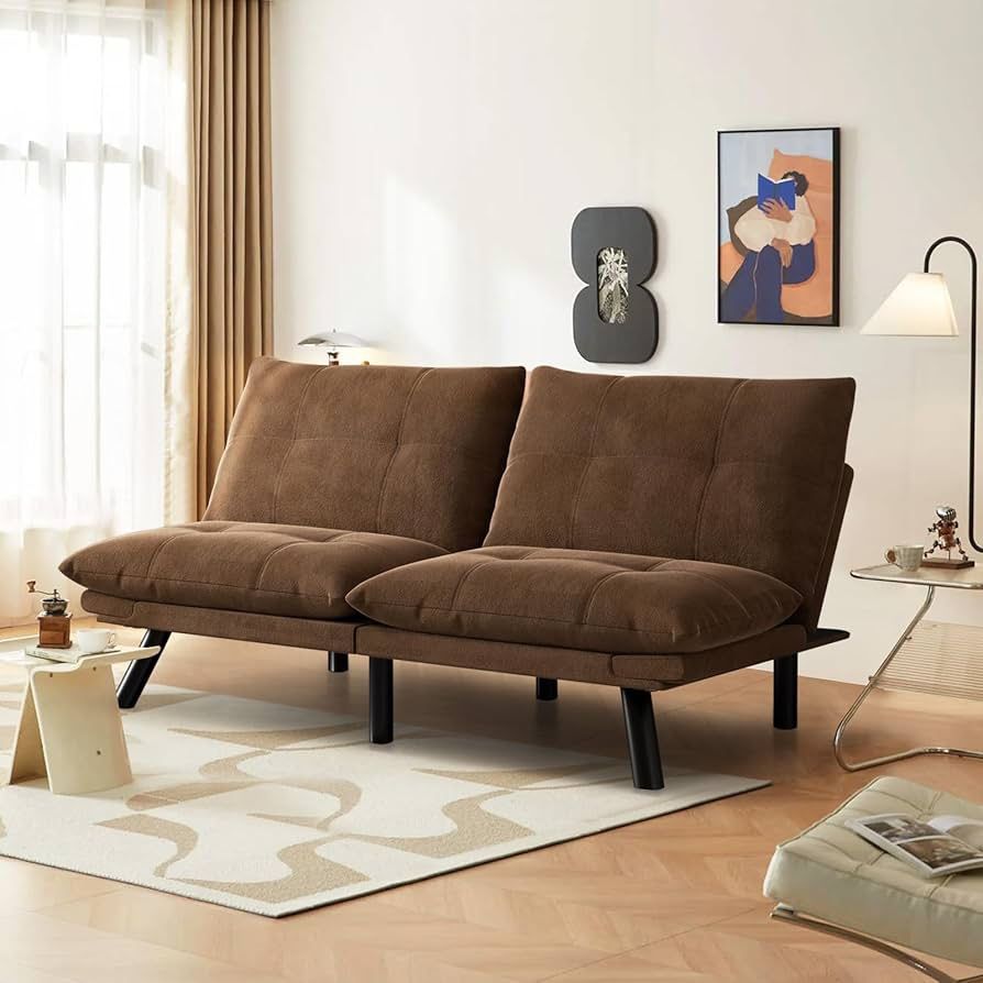 67” Leather Futon Sofa Bed Convertible Small Upholstered Couch 2-Seat Loveseat Sleeper with Adjustable Backrest and Armrest for Small Space Apartment,