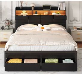 Open Box -Full Bed Frame with Storage Headboard, Upholstered Black Bed Frame with 4 Drawers