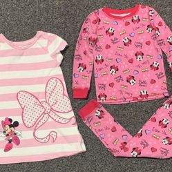 Minnie Mouse girls 2/3 Disney Store appliquéd dress and Cuddle Duds lightweight pajama set