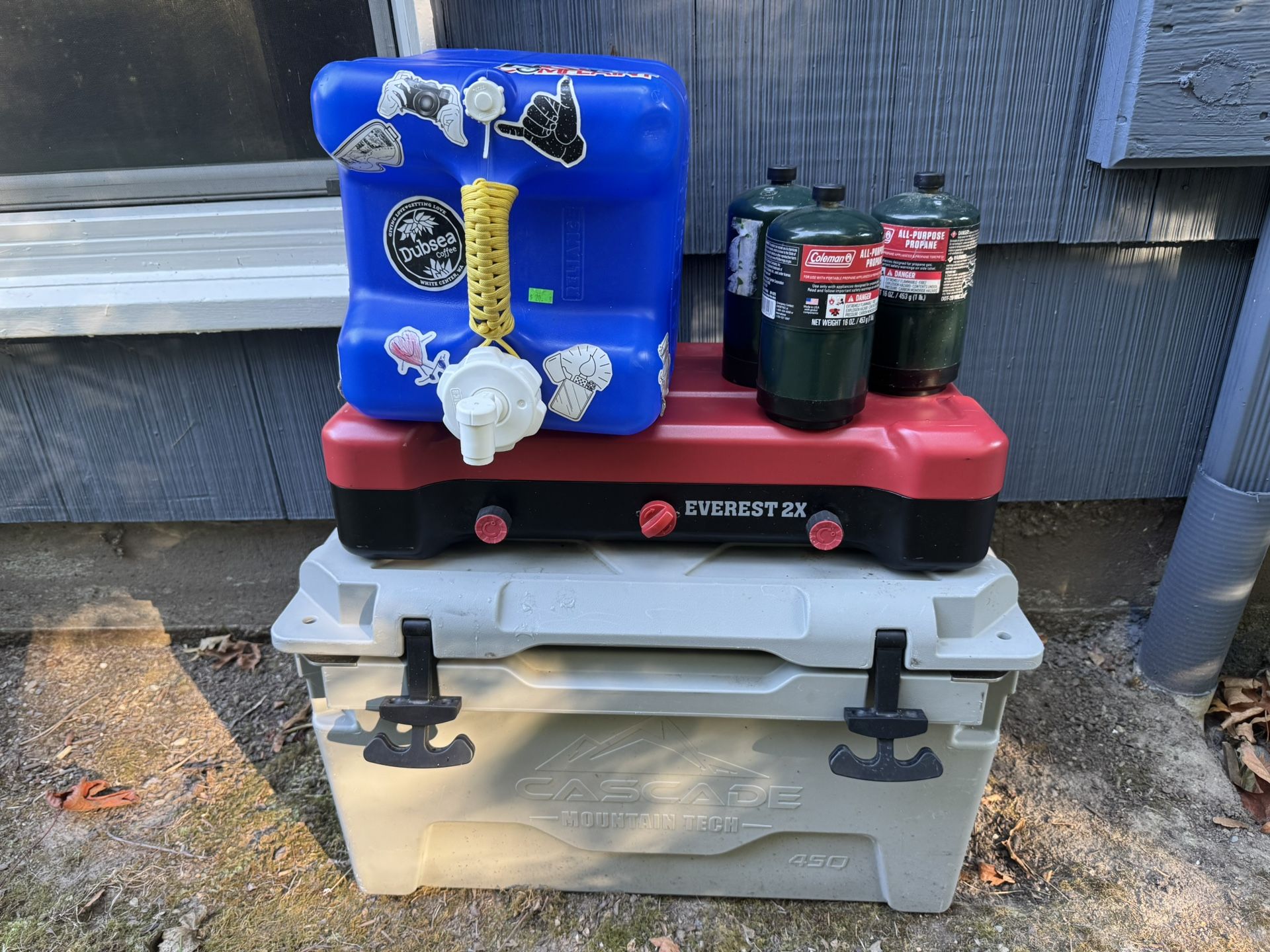 Camping Equipment- Cooler, Camp Stove w/ Propane, Water Container