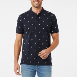 H&M Men's XL Black Palm Tree Embroidered Polo Shirt Tropical Summer Short Sleeve